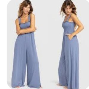 Roxy‎ Wild Winds Blue Smocked Jumpsuit Romper  With Pockets  NEW XXL